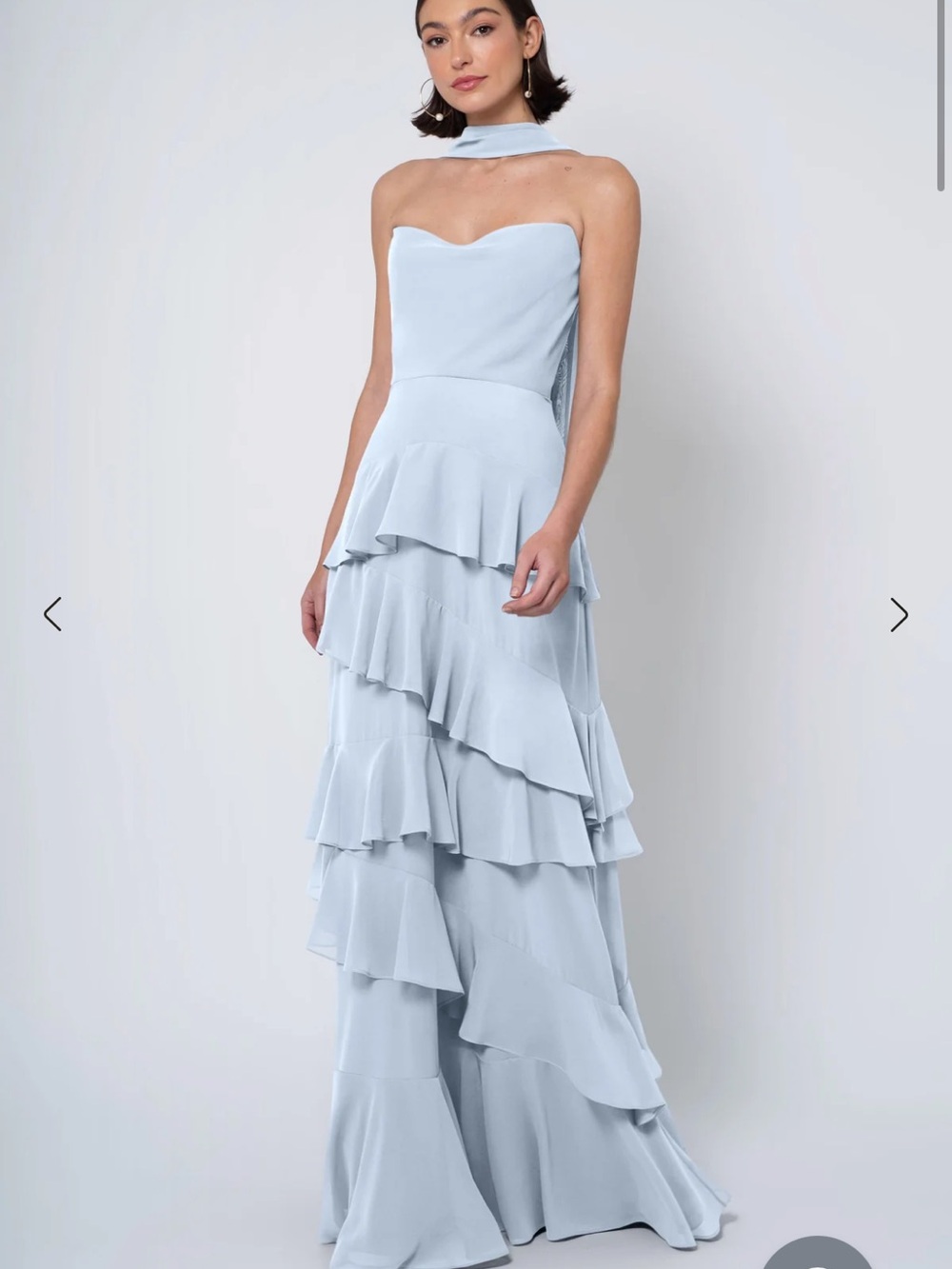 Jenny Yoo Whisper Blue Strapless Ruffle Tiered Maxi Dress with Neck Scarf